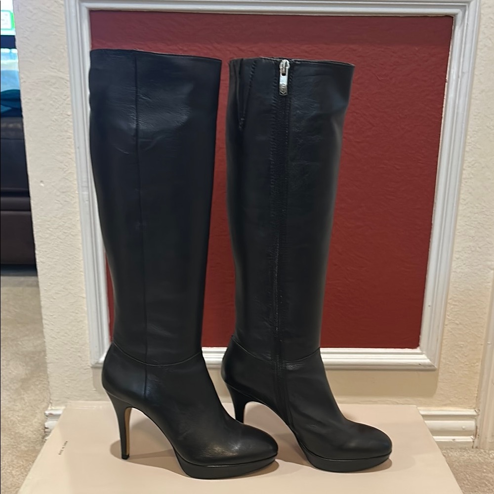 Black Leather Vince Camoto Knee-High Boots - Picture 2 of 5